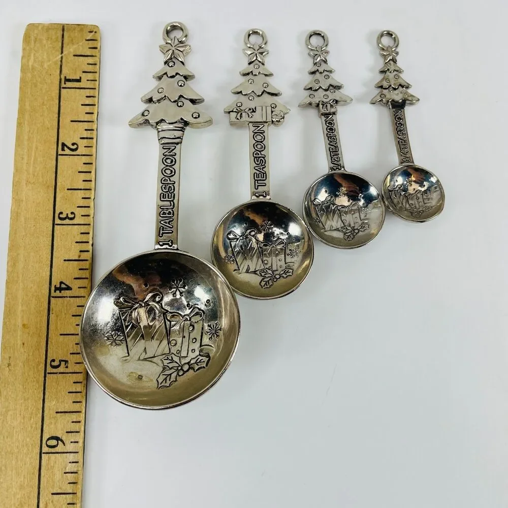 Measuring Spoons Christmas Tree Presents Shiny Chrome 4 Pc Set Ganz Seasonal